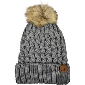 imageCC Thick Cable Knit Faux Fuzzy Fur Pom Fleece Lined Skull Cap Cuff BeanieLattice Light Melange Gray