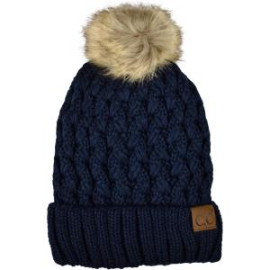 imageCC Thick Cable Knit Faux Fuzzy Fur Pom Fleece Lined Skull Cap Cuff BeanieLattice Navy