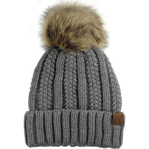 imageCC Thick Cable Knit Faux Fuzzy Fur Pom Fleece Lined Skull Cap Cuff BeanieLight Melange Gray