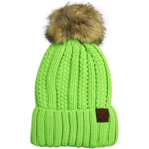 imageCC Thick Cable Knit Faux Fuzzy Fur Pom Fleece Lined Skull Cap Cuff BeanieLime