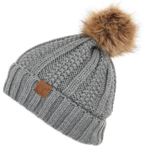 imageCC Thick Cable Knit Faux Fuzzy Fur Pom Fleece Lined Skull Cap Cuff BeanieLt Mel Grey
