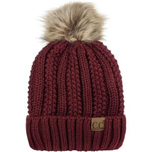 imageCC Thick Cable Knit Faux Fuzzy Fur Pom Fleece Lined Skull Cap Cuff BeanieMaroon