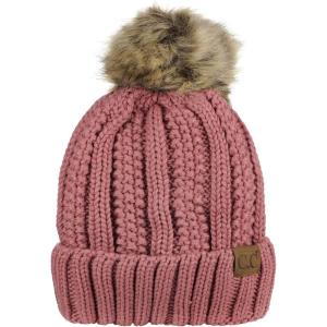 imageCC Thick Cable Knit Faux Fuzzy Fur Pom Fleece Lined Skull Cap Cuff BeanieMauve