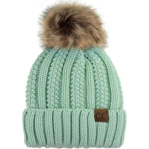 imageCC Thick Cable Knit Faux Fuzzy Fur Pom Fleece Lined Skull Cap Cuff BeanieMint