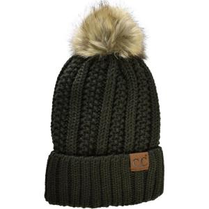 imageCC Thick Cable Knit Faux Fuzzy Fur Pom Fleece Lined Skull Cap Cuff BeanieMoss