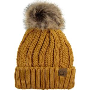 imageCC Thick Cable Knit Faux Fuzzy Fur Pom Fleece Lined Skull Cap Cuff BeanieMustard
