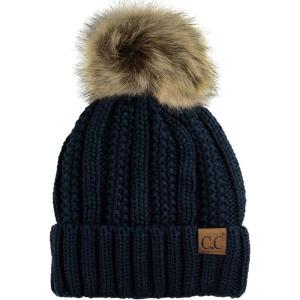 imageCC Thick Cable Knit Faux Fuzzy Fur Pom Fleece Lined Skull Cap Cuff BeanieNavy