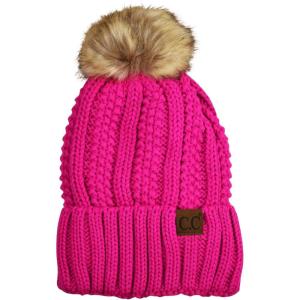 imageCC Thick Cable Knit Faux Fuzzy Fur Pom Fleece Lined Skull Cap Cuff BeanieNeon Pink