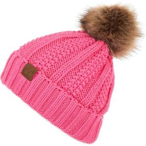 imageCC Thick Cable Knit Faux Fuzzy Fur Pom Fleece Lined Skull Cap Cuff BeanieNew Candy Pink Amz