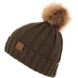 imageCC Thick Cable Knit Faux Fuzzy Fur Pom Fleece Lined Skull Cap Cuff BeanieNew Olive