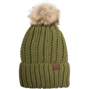 imageCC Thick Cable Knit Faux Fuzzy Fur Pom Fleece Lined Skull Cap Cuff BeanieOlive Green