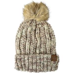 imageCC Thick Cable Knit Faux Fuzzy Fur Pom Fleece Lined Skull Cap Cuff BeaniePopcorn Confetti Beige