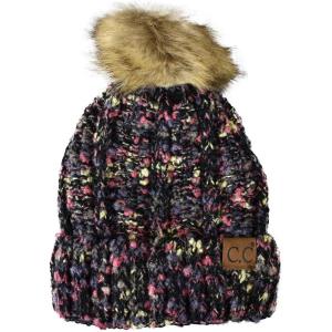 imageCC Thick Cable Knit Faux Fuzzy Fur Pom Fleece Lined Skull Cap Cuff BeaniePopcorn Confetti Bk
