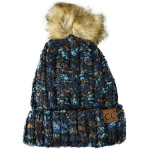 imageCC Thick Cable Knit Faux Fuzzy Fur Pom Fleece Lined Skull Cap Cuff BeaniePopcorn Confetti Navy