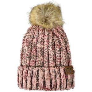 imageCC Thick Cable Knit Faux Fuzzy Fur Pom Fleece Lined Skull Cap Cuff BeaniePopcorn Confetti Rose