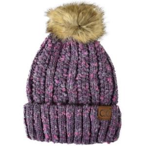 imageCC Thick Cable Knit Faux Fuzzy Fur Pom Fleece Lined Skull Cap Cuff BeaniePopcorn Confetti Violet