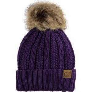 imageCC Thick Cable Knit Faux Fuzzy Fur Pom Fleece Lined Skull Cap Cuff BeaniePurple