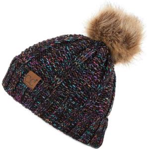 imageCC Thick Cable Knit Faux Fuzzy Fur Pom Fleece Lined Skull Cap Cuff BeanieRainbow Mix