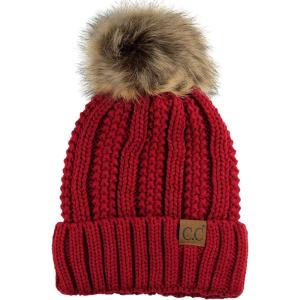 imageCC Thick Cable Knit Faux Fuzzy Fur Pom Fleece Lined Skull Cap Cuff BeanieRed