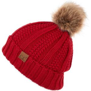 imageCC Thick Cable Knit Faux Fuzzy Fur Pom Fleece Lined Skull Cap Cuff BeanieRed Amz