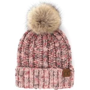 imageCC Thick Cable Knit Faux Fuzzy Fur Pom Fleece Lined Skull Cap Cuff BeanieRose Multi