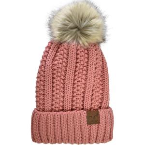 imageCC Thick Cable Knit Faux Fuzzy Fur Pom Fleece Lined Skull Cap Cuff BeanieSalmon Pink
