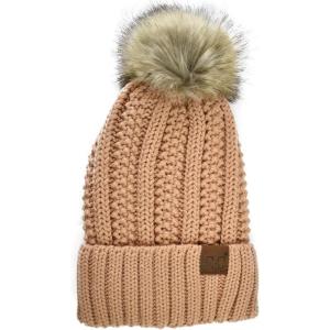 imageCC Thick Cable Knit Faux Fuzzy Fur Pom Fleece Lined Skull Cap Cuff BeanieSand