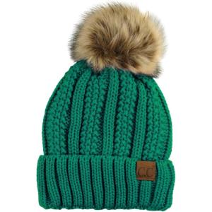 imageCC Thick Cable Knit Faux Fuzzy Fur Pom Fleece Lined Skull Cap Cuff BeanieSea Green