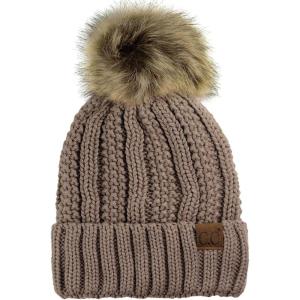 imageCC Thick Cable Knit Faux Fuzzy Fur Pom Fleece Lined Skull Cap Cuff BeanieTaupe