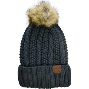 imageCC Thick Cable Knit Faux Fuzzy Fur Pom Fleece Lined Skull Cap Cuff BeanieTeal Grey