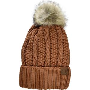 imageCC Thick Cable Knit Faux Fuzzy Fur Pom Fleece Lined Skull Cap Cuff BeanieToast Almond