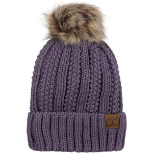 imageCC Thick Cable Knit Faux Fuzzy Fur Pom Fleece Lined Skull Cap Cuff BeanieViolet