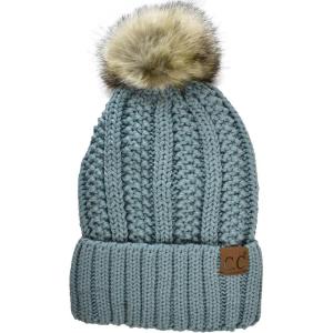 imageCC Thick Cable Knit Faux Fuzzy Fur Pom Fleece Lined Skull Cap Cuff BeanieWinter Mint