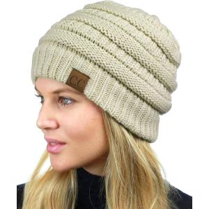imageCC Unisex Chunky Soft Stretch Cable Knit Warm Fuzzy Lined Skully BeanieBeige