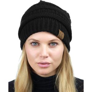 imageCC Unisex Chunky Soft Stretch Cable Knit Warm Fuzzy Lined Skully BeanieBlack