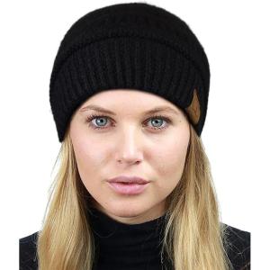 imageCC Unisex Chunky Soft Stretch Cable Knit Warm Fuzzy Lined Skully BeanieBlack With Hair Tie