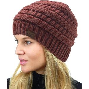 imageCC Unisex Chunky Soft Stretch Cable Knit Warm Fuzzy Lined Skully BeanieBrick