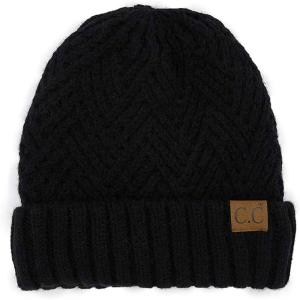 imageCC Unisex Chunky Soft Stretch Cable Knit Warm Fuzzy Lined Skully BeanieCuffed Black