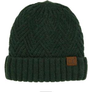 imageCC Unisex Chunky Soft Stretch Cable Knit Warm Fuzzy Lined Skully BeanieCuffed Olive Green