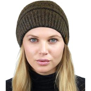 imageCC Unisex Chunky Soft Stretch Cable Knit Warm Fuzzy Lined Skully BeanieHeather Moss With Hair Tie