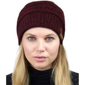 imageCC Unisex Chunky Soft Stretch Cable Knit Warm Fuzzy Lined Skully BeanieHeather Wine With Hair Tie