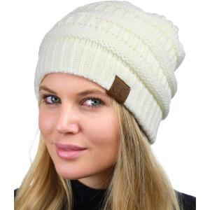 imageCC Unisex Chunky Soft Stretch Cable Knit Warm Fuzzy Lined Skully BeanieIvory