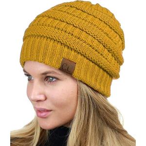 imageCC Unisex Chunky Soft Stretch Cable Knit Warm Fuzzy Lined Skully BeanieMustard
