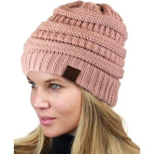 imageCC Unisex Chunky Soft Stretch Cable Knit Warm Fuzzy Lined Skully BeanieRose