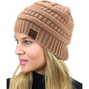 imageCC Unisex Chunky Soft Stretch Cable Knit Warm Fuzzy Lined Skully BeanieSand