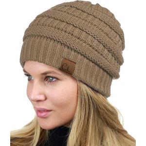 imageCC Unisex Chunky Soft Stretch Cable Knit Warm Fuzzy Lined Skully BeanieTaupe