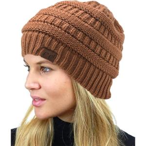 imageCC Unisex Chunky Soft Stretch Cable Knit Warm Fuzzy Lined Skully BeanieToast Almond