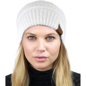 imageCC Unisex Chunky Soft Stretch Cable Knit Warm Fuzzy Lined Skully BeanieWhite With Hair Tie