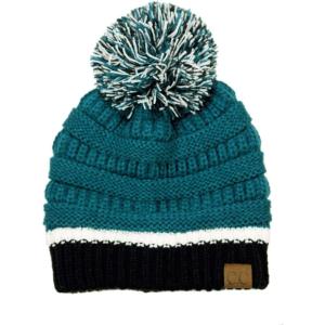 imageCC Unisex College High School Team Color Two Tone Pom Pom Knit Beanie HatMidnight GreenBlack