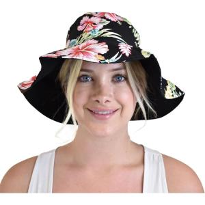 imageCC Womens 100 Cotton Crushable Bucket Ponytail Messy Bun Sun Hat ReversibleFlower Black